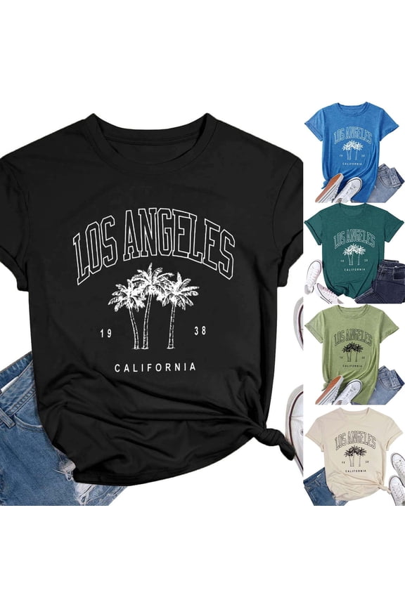 Womens Graphic Fashion Tee Short Sleeve Crewneck Tops Summer Los Angeles Print T Shirts Casual Soft Breathable Daily Clothing