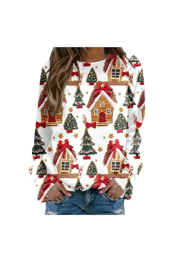 Womens Graphic Sweatshirt Gingerbread House Christmas Crewneck Long Sleeve All Over Holiday Print Loose Fit Casual Weekend Pullover Top