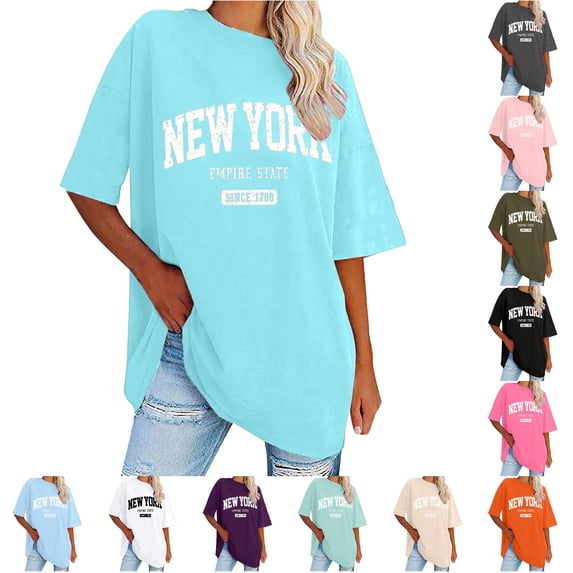 Trendfront Womens Graphic T Shirt Crewneck Short Sleeve New York Oversized Retro State Letter Print Summer Fashion Casual Slouchy Tops