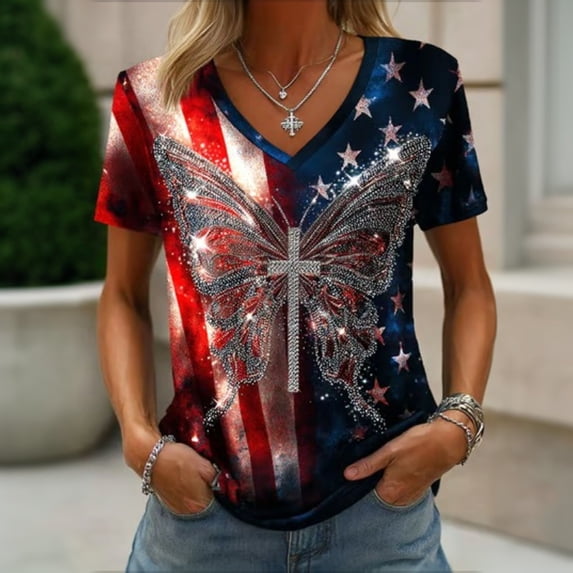 Trendfront Womens Graphic T Shirts 4th of July V Neck Short Sleeve American Flag Butterfly Cross Rhinestone Print Patriotic Casual Independence Day Tee Tops