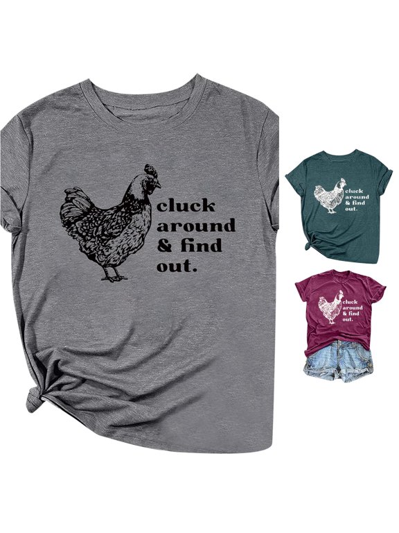 Womens Graphic T Shirts Crewneck Short Sleeve Chicken Letter Print Funny Farm Animal Quote Casual Country Style Tee Tops