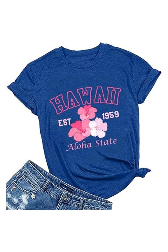 Womens Graphic T Shirts Crewneck Short Sleeve Hawaii Aloha State Floral Letter Print Casual Summer Vacation Tee Tops
