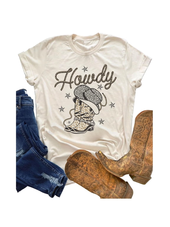 Womens Graphic T Shirts Crewneck Short Sleeve Howdy Cowboy Boots Western Graphic Country Music Casual Tee Tops