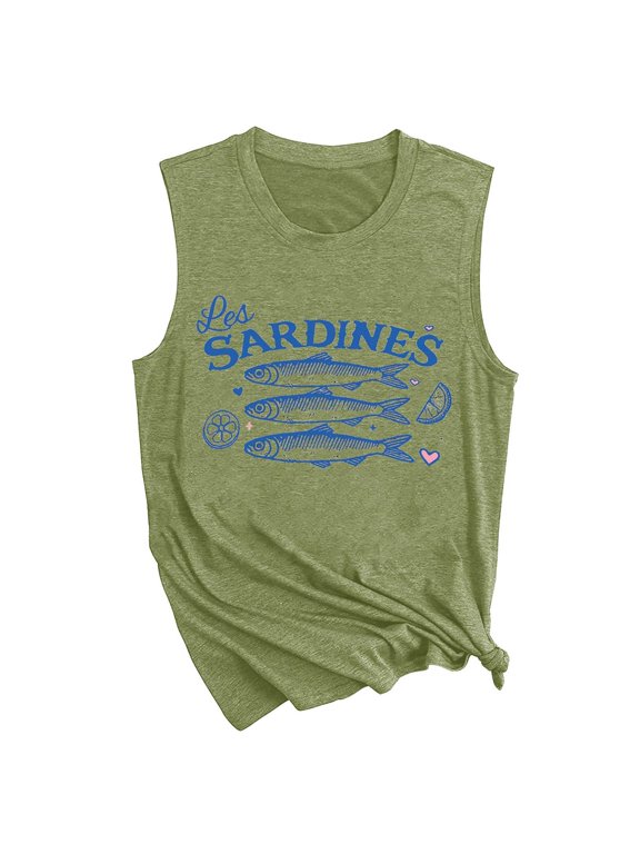 Womens Graphic Tank Tops Crewneck Sleeveless Fish Lemon Print Casual Summer Tee Tops for Women