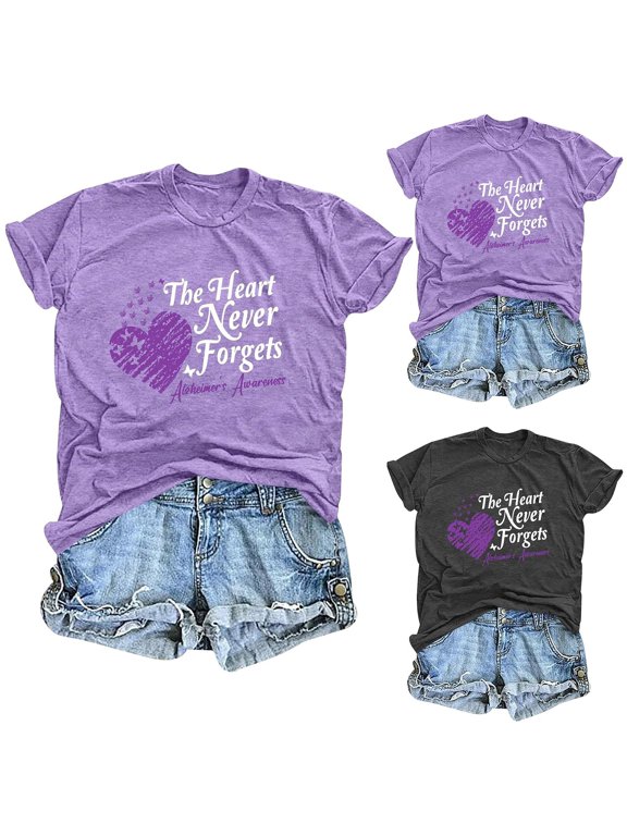 Womens Graphic Tee Short Sleeve Crewneck Tops Summer Alzheimer's Awareness T Shirts Casual Heart Memory Support Shirts