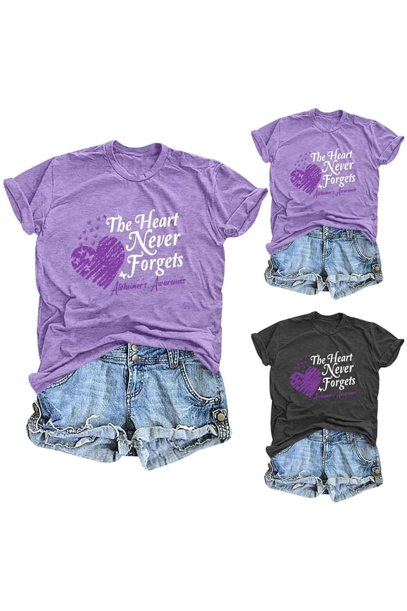 Womens Graphic Tee Short Sleeve Crewneck Tops Summer Alzheimer's Awareness T Shirts Casual Heart Memory Support Shirts