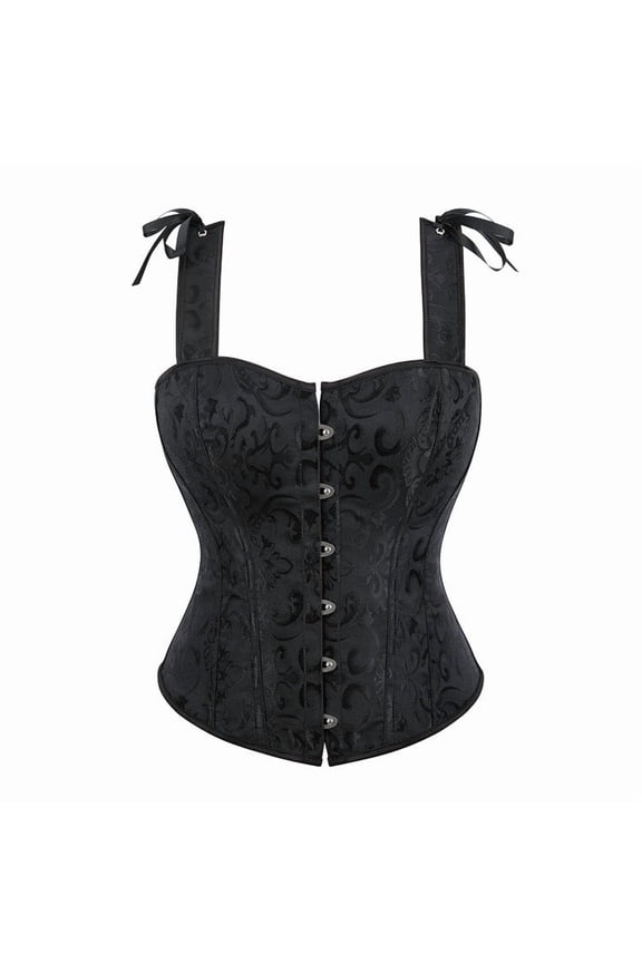 Womens Halloween Corset Bustier Shapewear Bow Strap Detail Embossed Pattern Front Closure Victorian Gothic Costume Party Outfit