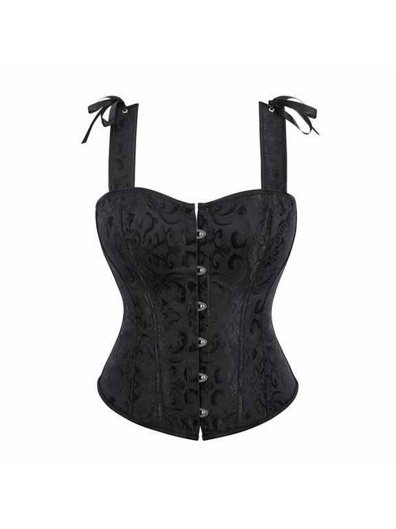Womens Halloween Corset Bustier Shapewear Bow Strap Detail Embossed Pattern Front Closure Victorian Gothic Party Outfit