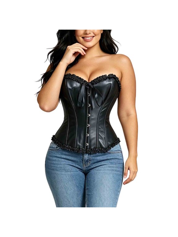 Womens Halloween Leather Corset Top Strapless Bustier Ruffle Bow Front Closure Waist Shaping Gothic Party Outfit