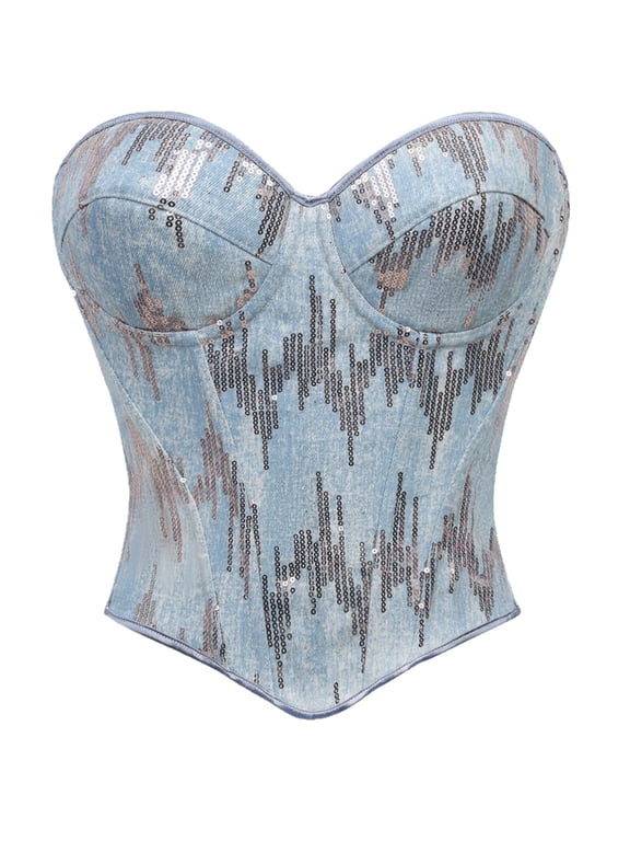 Womens Halloween Sequin Corset Top Strapless Bustier Sparkle Detail Structured Waist Cincher Gothic Party Outfit