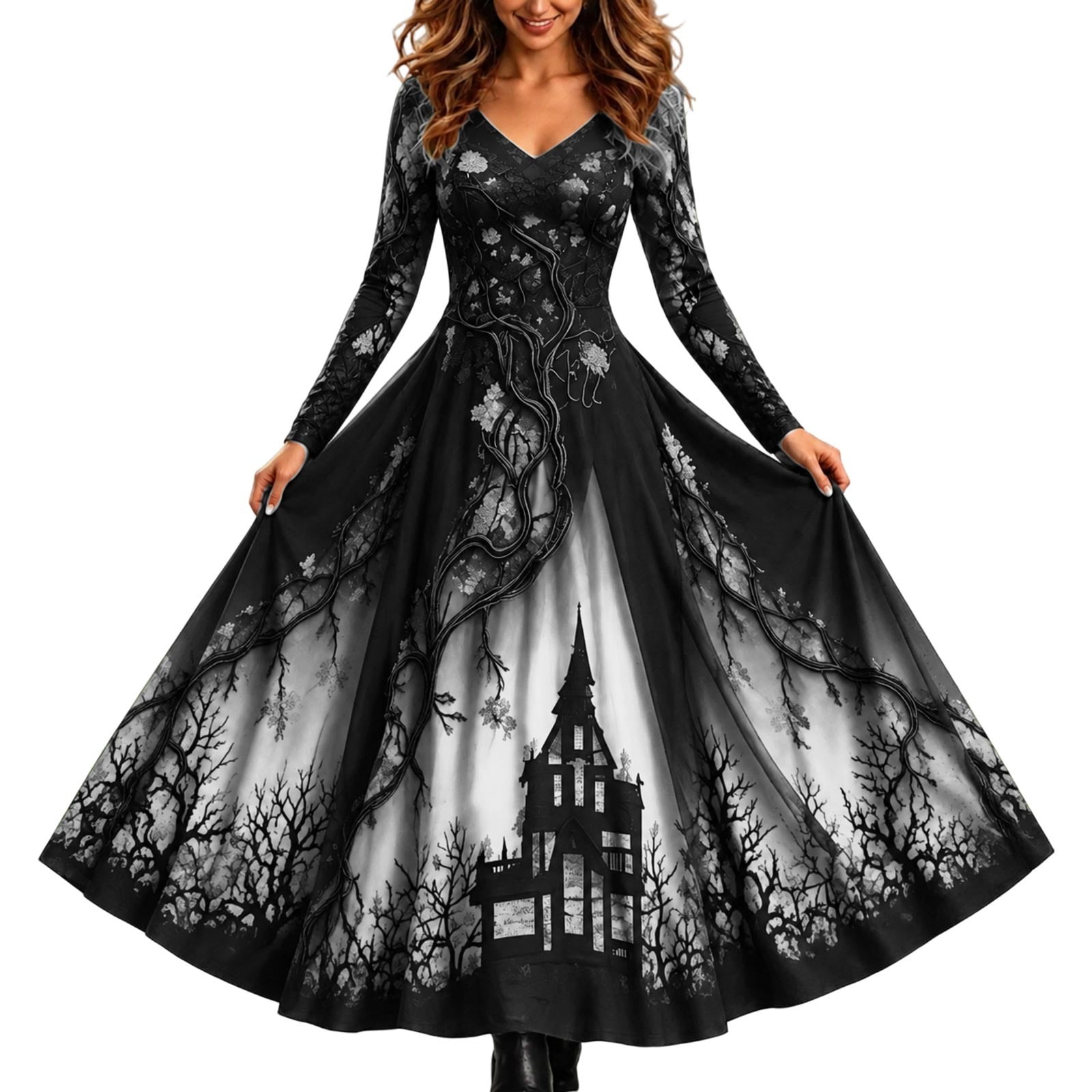 Trendfront Womens Halloween Dress Haunted House Tree Print V Neck Long ...