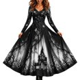 Trendfront Womens Halloween Dress Haunted House Tree Print V Neck Long ...