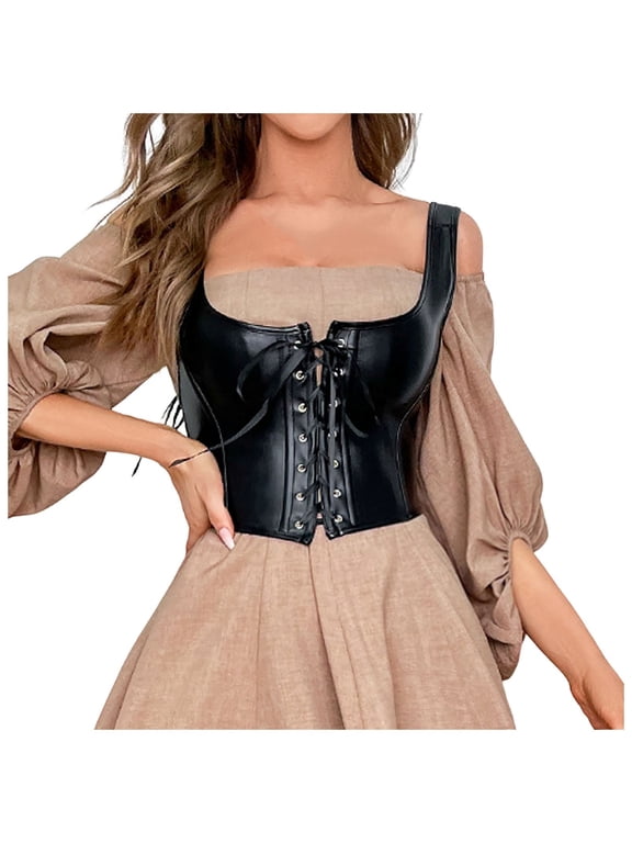 Womens Halloween Faux Leather Corset Top Bustier Lace Up Front Closure Gothic Costume Steampunk Party Wear