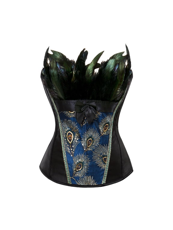 Womens Halloween Feather Corset Top Peacock Pattern Bustier Style Bow Detail Waist Cincher Shaping