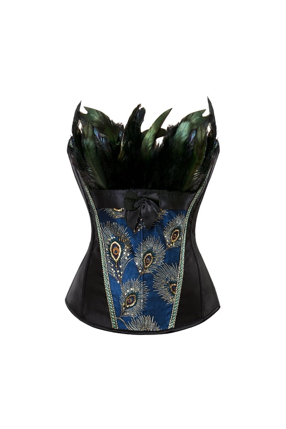 Womens Halloween Feather Trim Corset Top Peacock Pattern Bustier Style Bow Detail Waist Cincher Shaping