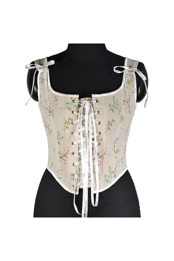 Womens Halloween Floral Corset Top Lace Up Front Shoulder Tie Detail Bustier Style Waist Cincher Shaping Lingerie