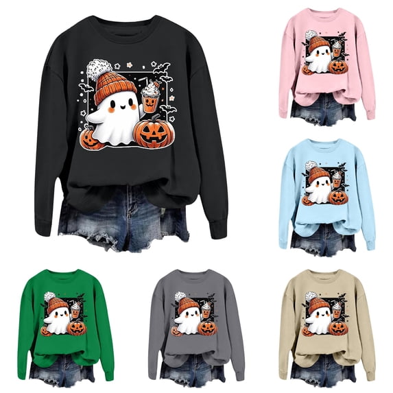 Trendfront Womens Halloween Ghost Graphic Print Crewneck Sweatshirt Long Sleeve Pumpkin Print Cute Holiday Top Pullover Sweatshirt