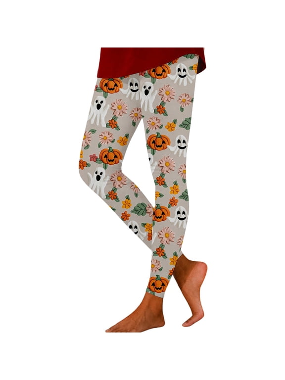 Womens Halloween Ghost Leggings Pumpkin and Flower Print Full Length Fitted Casual Fall Pants