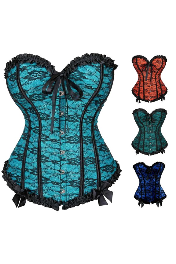 Womens Halloween Gothic Style Shapewear Corset Bustier Lace Pattern Bow Detail Waist Cincher Ruffle Trim Outfit