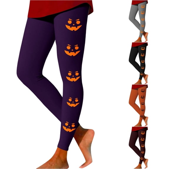 Trendfront Womens Halloween Graphic Leggings High Waisted Pumpkin Face Print Full Length Stretch Casual Leggings