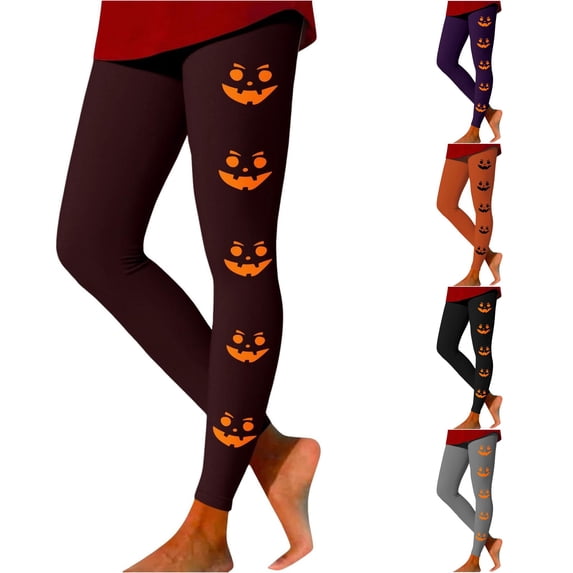 Trendfront Womens Halloween Graphic Leggings High Waisted Pumpkin Face Print Full Length Stretch Casual Leggings