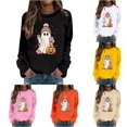 thumbnail image 1 of Trendfront Womens Halloween Graphic Sweatshirts Crewneck Long Sleeve Ghost Pumpkin Bucket Hat Floral Print Cute Casual Fall Pullover Tops, 1 of 5