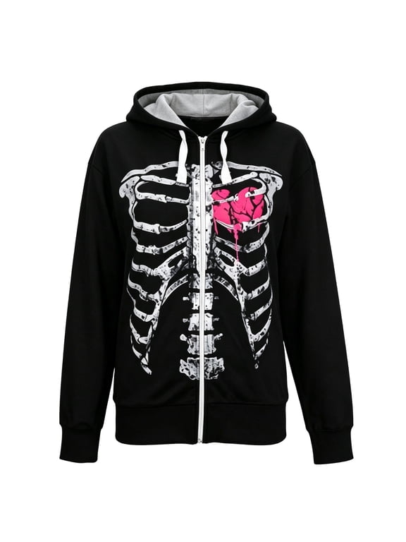 Womens Halloween Hoodies Skeleton Heart Graphic Full Zip Sweatshirt Long Sleeve Drawstring Hood Front Pockets Jacket