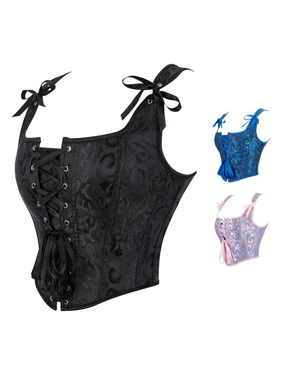 Womens Halloween Jacquard Pattern Corset Bustier Top Lace Up Shoulder Tie Detail Gothic Costume Wear