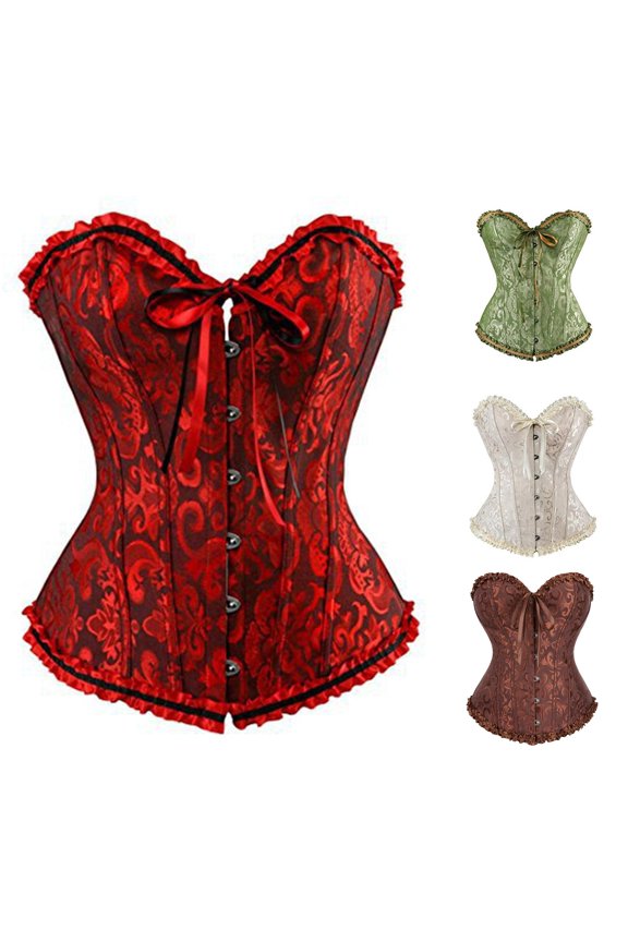 Womens Halloween Lace Corset Top Ruffle Trim Front Hook Closure Lace Up Bow Detail Bustier Waist Cincher