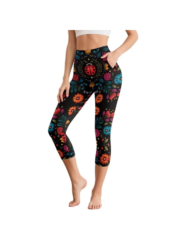 Womens Halloween Ladybug Floral Capri Leggings Allover Print High Waist Fitted Casual Pants