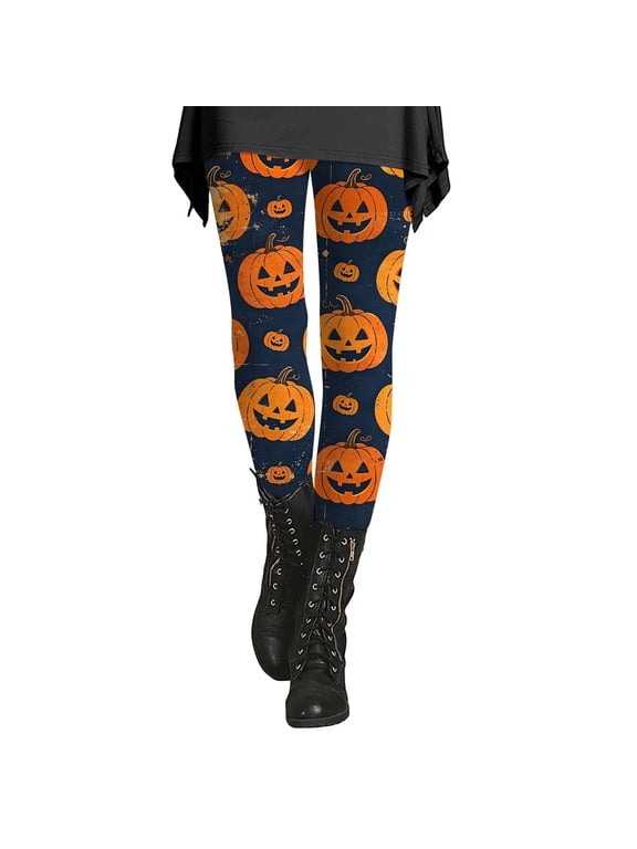 Womens Halloween Leggings Pumpkin Print Wide Waistband Full Length Fitted Silhouette Pull On Pants Costume Bottoms