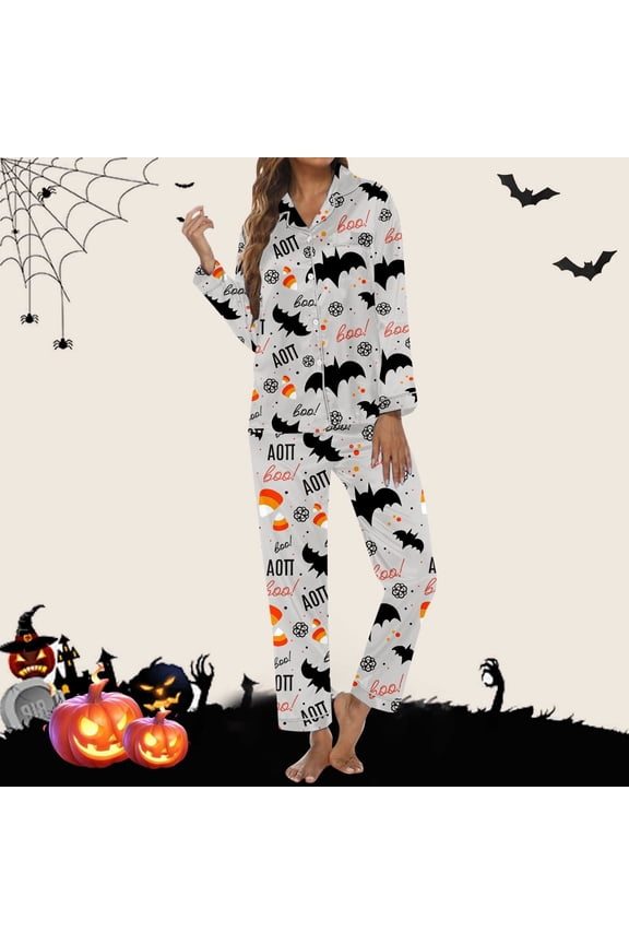 Womens Halloween Letter Bat Print 2-Piece Pajama Set Button-Front Top with Long Pants Notch Collar Long Sleeve Chest Pocket Nightwear