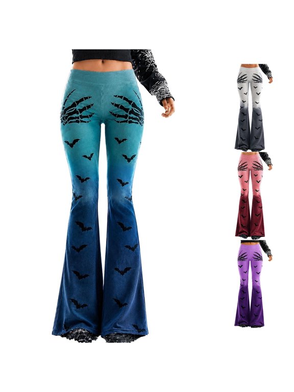 Womens Halloween Lounge Pants High Waisted Bat Skeleton Hand Print Flare Leg Pants Casual Pants