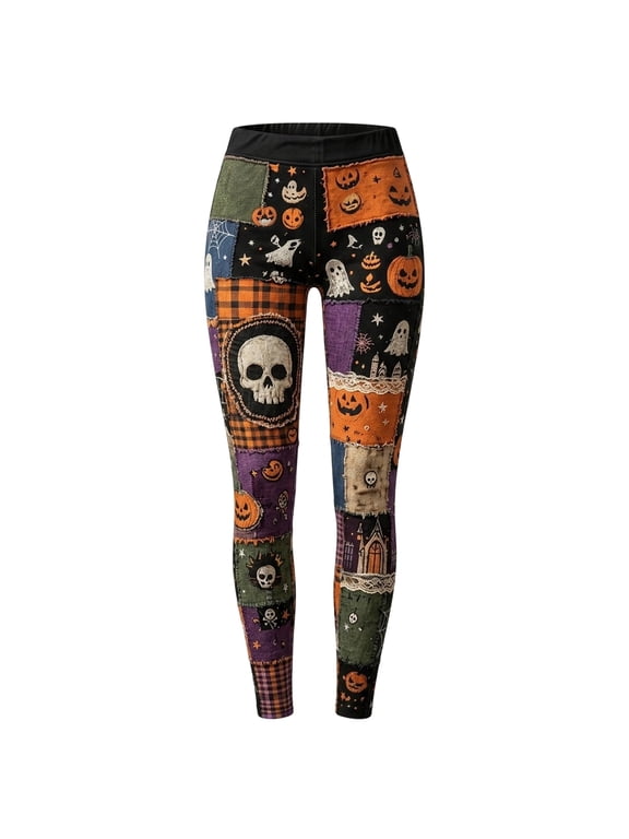 Womens Halloween Patchwork Leggings Skull and Ghost Graphic Full Length Fitted Casual Pants