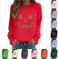 thumbnail image 1 of Trendfront Womens Halloween Pumpkin Face Sweatshirts Crewneck Long Sleeve Rhinestone Graphic Jack O Lantern Design Casual Fall Pullover Tops, 1 of 5