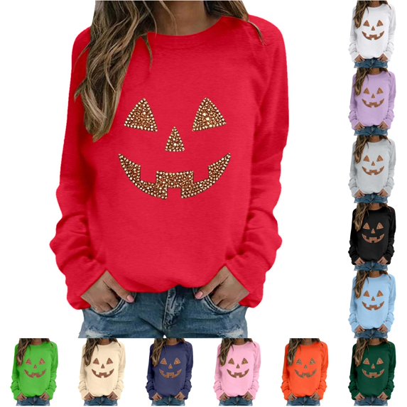 Trendfront Womens Halloween Pumpkin Face Sweatshirts Crewneck Long Sleeve Rhinestone Graphic Jack O Lantern Design Casual Fall Pullover Tops