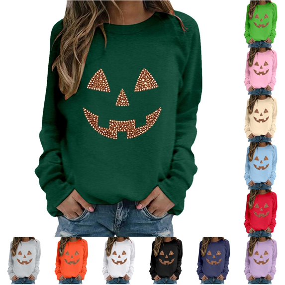 Trendfront Womens Halloween Pumpkin Face Sweatshirts Crewneck Long Sleeve Rhinestone Graphic Jack O Lantern Design Casual Fall Pullover Tops