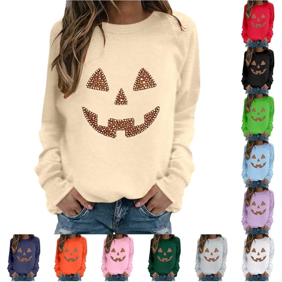 Trendfront Womens Halloween Pumpkin Face Sweatshirts Crewneck Long Sleeve Rhinestone Graphic Jack O Lantern Design Casual Fall Pullover Tops