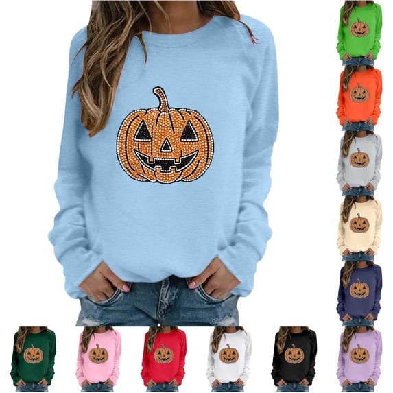 Trendfront Womens Halloween Pumpkin Sweatshirt Sparkly Look Jack O Lantern Graphic Crewneck Long Sleeves Pullover
