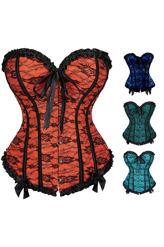 Womens Halloween Shapewear Corset Bustier Lace Pattern Bow Detail Waist Cincher Gothic Style Ruffle Trim Outfit