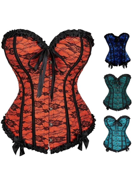 Womens Halloween Shapewear Corset Bustier Lace Pattern Bow Detail Waist Cincher Gothic Style Ruffle Outfit