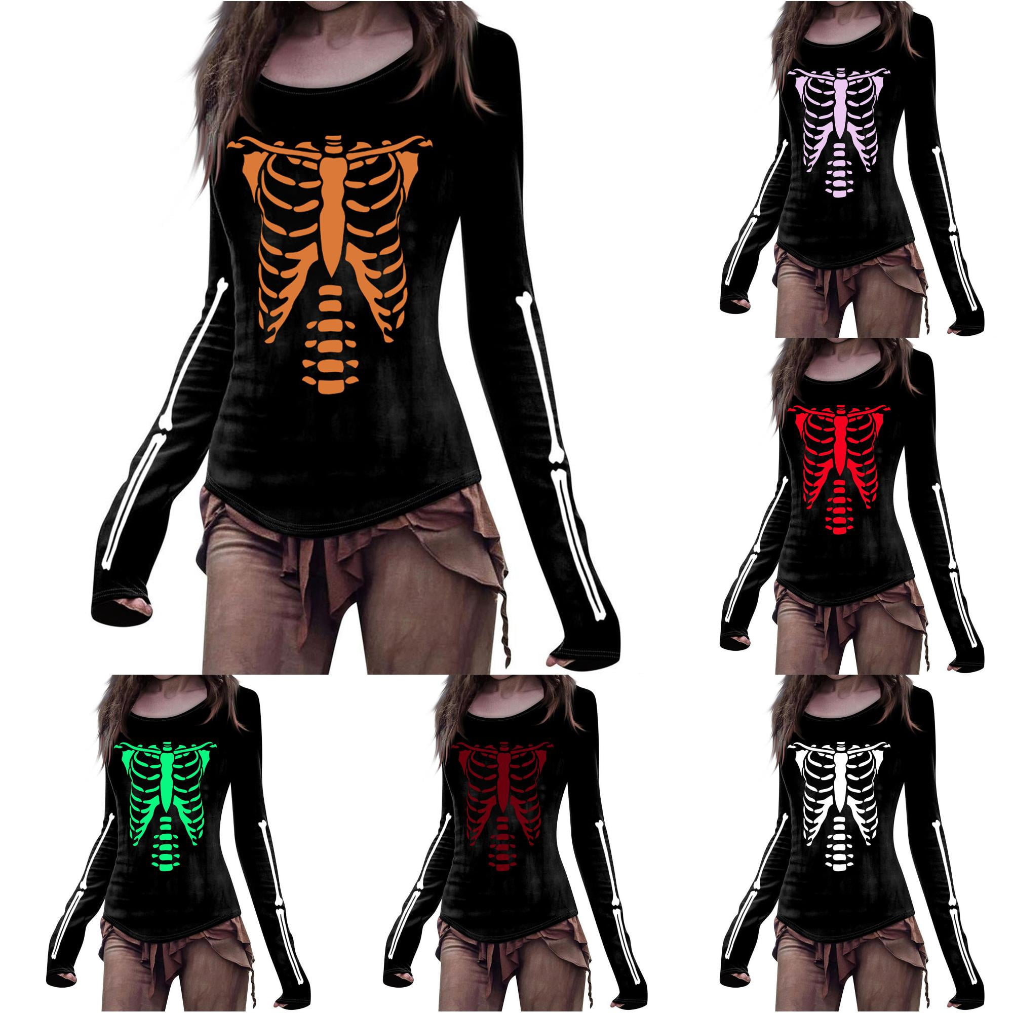 Long Ribs Trendfront Womens Halloween Skeleton Graphic T Shirts Scoop Neck Long ...