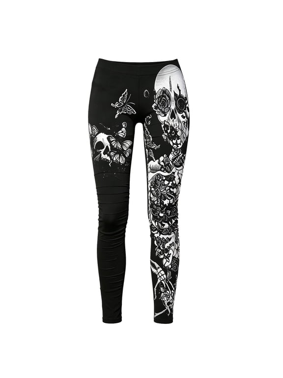 Womens Halloween Skull Leggings Butterfly and Floral Side Graphic Full Length Fitted Pants