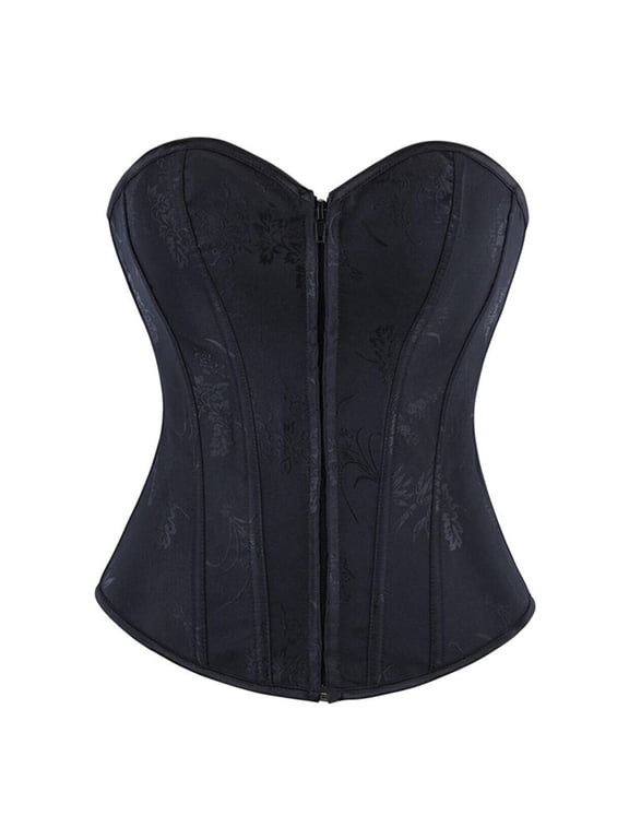 Womens Halloween Strapless Corset Shapewear Bustier Front Closure Satin Jacquard Pattern Ruffle Gothic Top