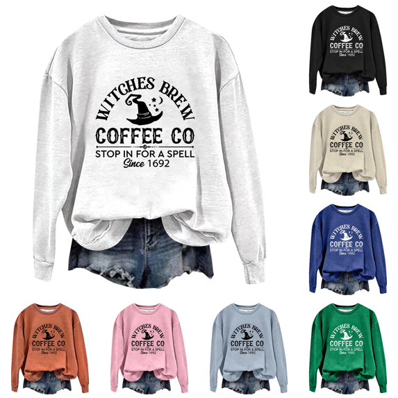 Trendfront Womens Halloween Witches Brew Coffee Crewneck Long Sleeve Graphic Print Letter Print Fall Theme Top Pullover Sweatshirt