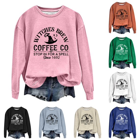 Trendfront Womens Halloween Witches Brew Coffee Crewneck Long Sleeve Graphic Print Letter Print Fall Theme Top Pullover Sweatshirt