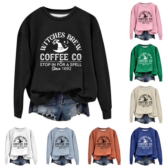 Trendfront Womens Halloween Witches Brew Coffee Crewneck Long Sleeve Graphic Print Letter Print Fall Theme Top Pullover Sweatshirt