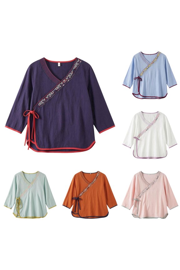 Womens Hanfu Style Blouse 3/4 Sleeve V-Neck Embroidered Tee Button Retro Wrap Casual Summer Tops for Women