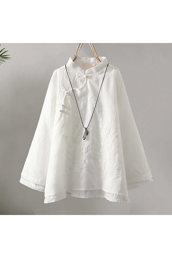 Womens Hanfu Style Blouse Long Sleeve Embroidered Button Tee Retro Loose Fit Patchwork Tunics Tops