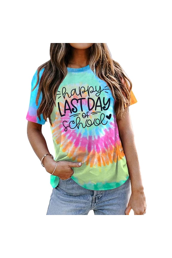 Womens Happy Last Day Of School Graphic T Shirts Crewneck Short Sleeve Tie Dye Teacher Student Summer Break Tee Tops
